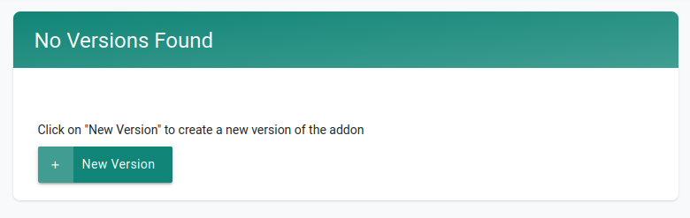 Add-on versions pane showing No Versions Found and a New Version button
