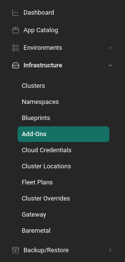 Rafay left-hand navigation with Add-Ons highlighted under Infrastructure