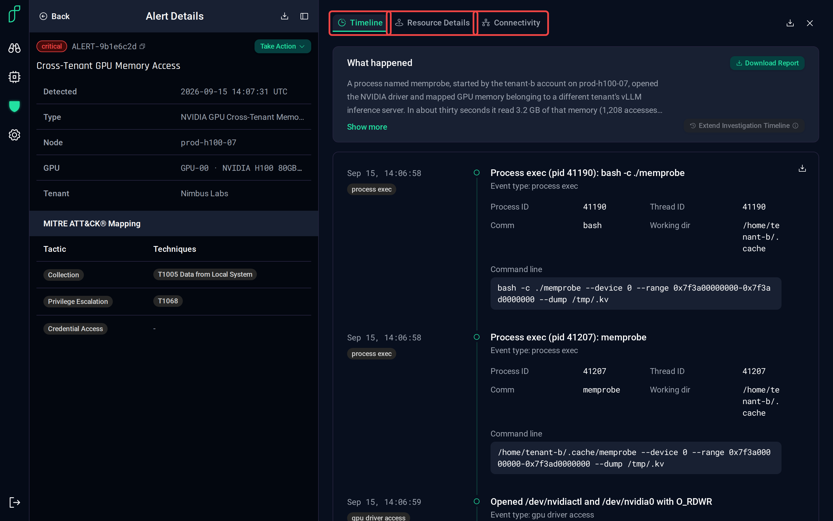 The three alert details tabs