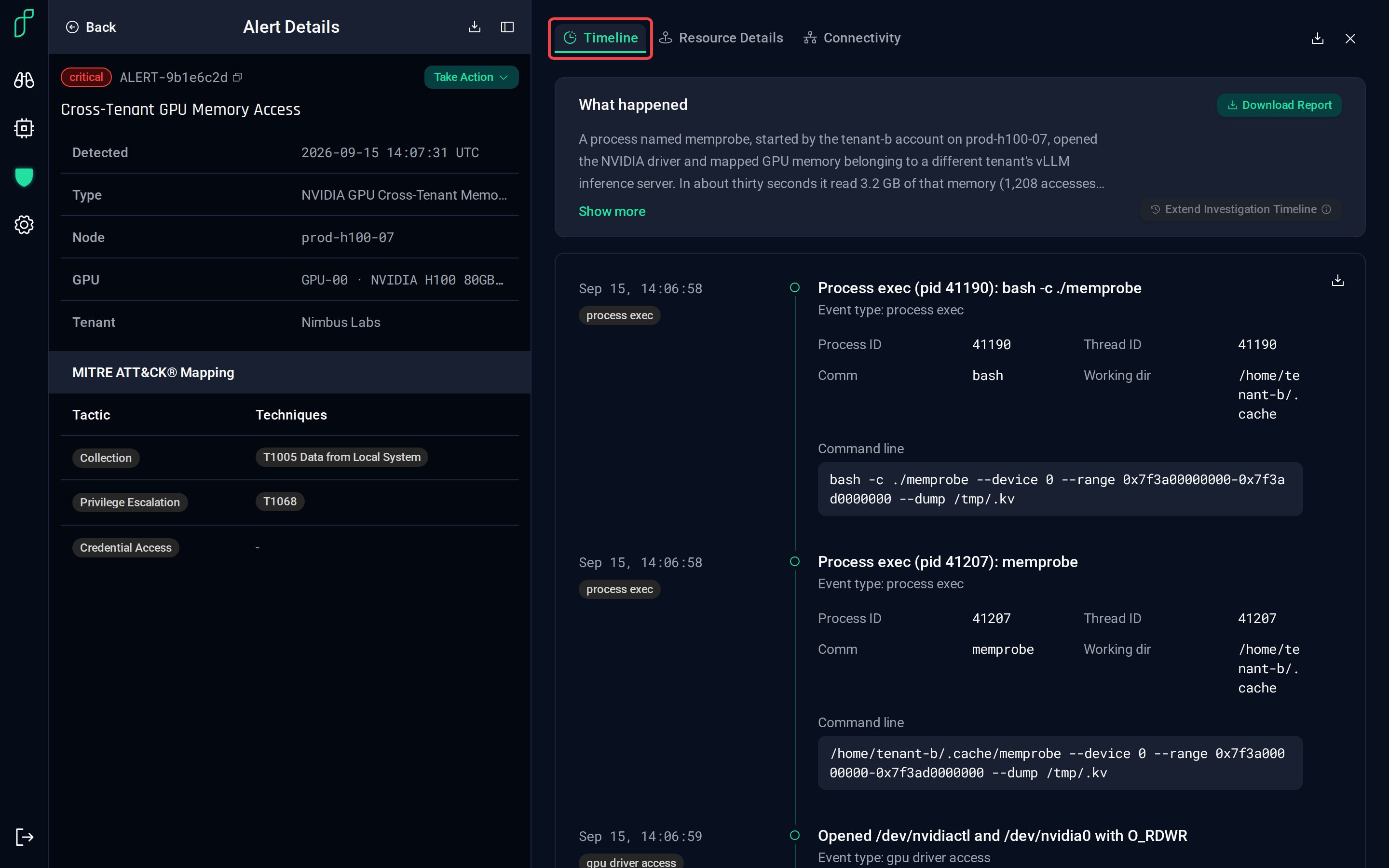 The Timeline tab for a cross-tenant GPU memory access