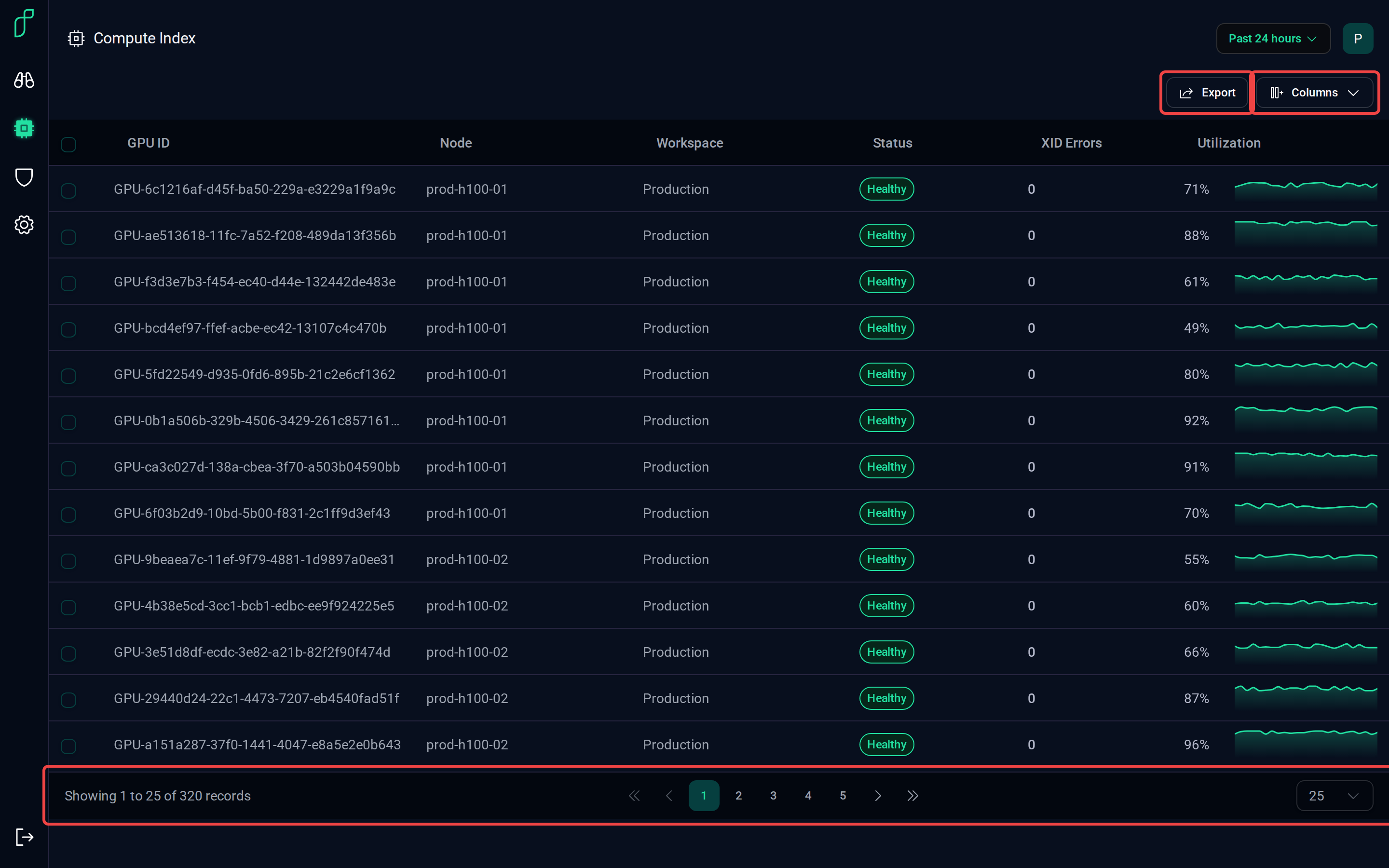 Export, Columns and the pagination controls