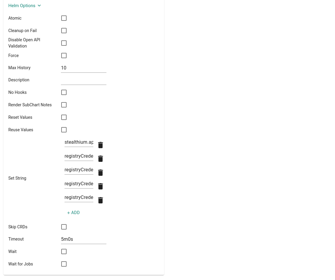 Helm Options section of the New Version dialog with five Set String entries added