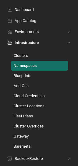 Rafay left-hand navigation with Namespaces highlighted under Infrastructure