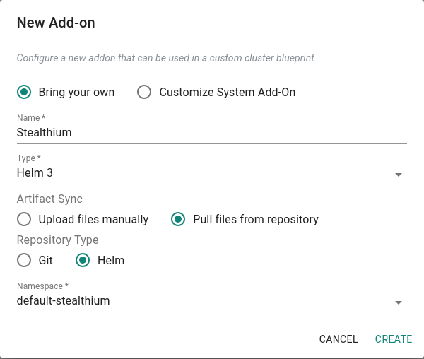 New Add-on dialog with Bring your own selected, Type set to Helm 3, Artifact Sync set to Pull files from repository, Repository Type set to Helm, and the namespace field filled in