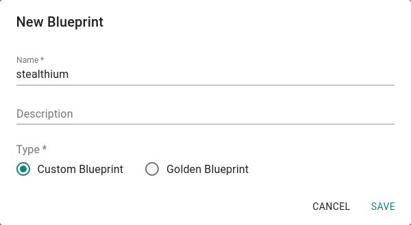 New Blueprint dialog with the name set to stealthium and Type set to Custom Blueprint
