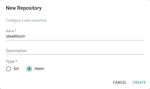 New Repository dialog with the name set to stealthium and Type set to Helm