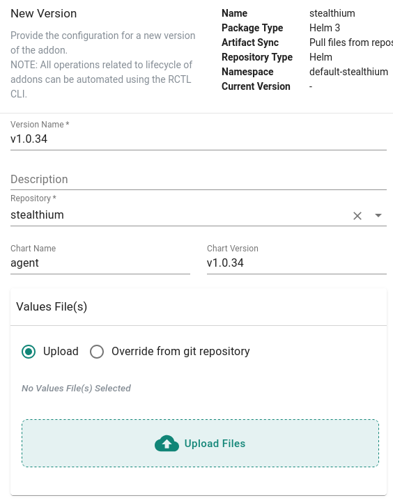 New Version dialog with the version name, stealthium repository, chart name, and chart version filled in