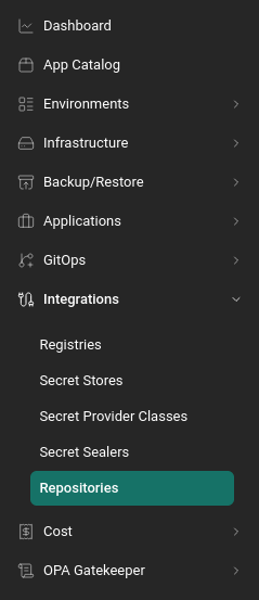 Rafay left-hand navigation with Repositories highlighted under Integrations