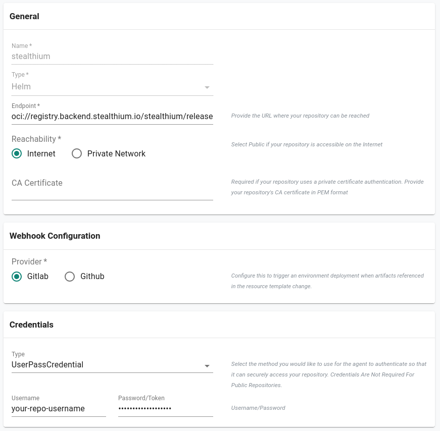 Repository configuration showing the OCI endpoint, Internet reachability, and UserPassCredential username and password fields