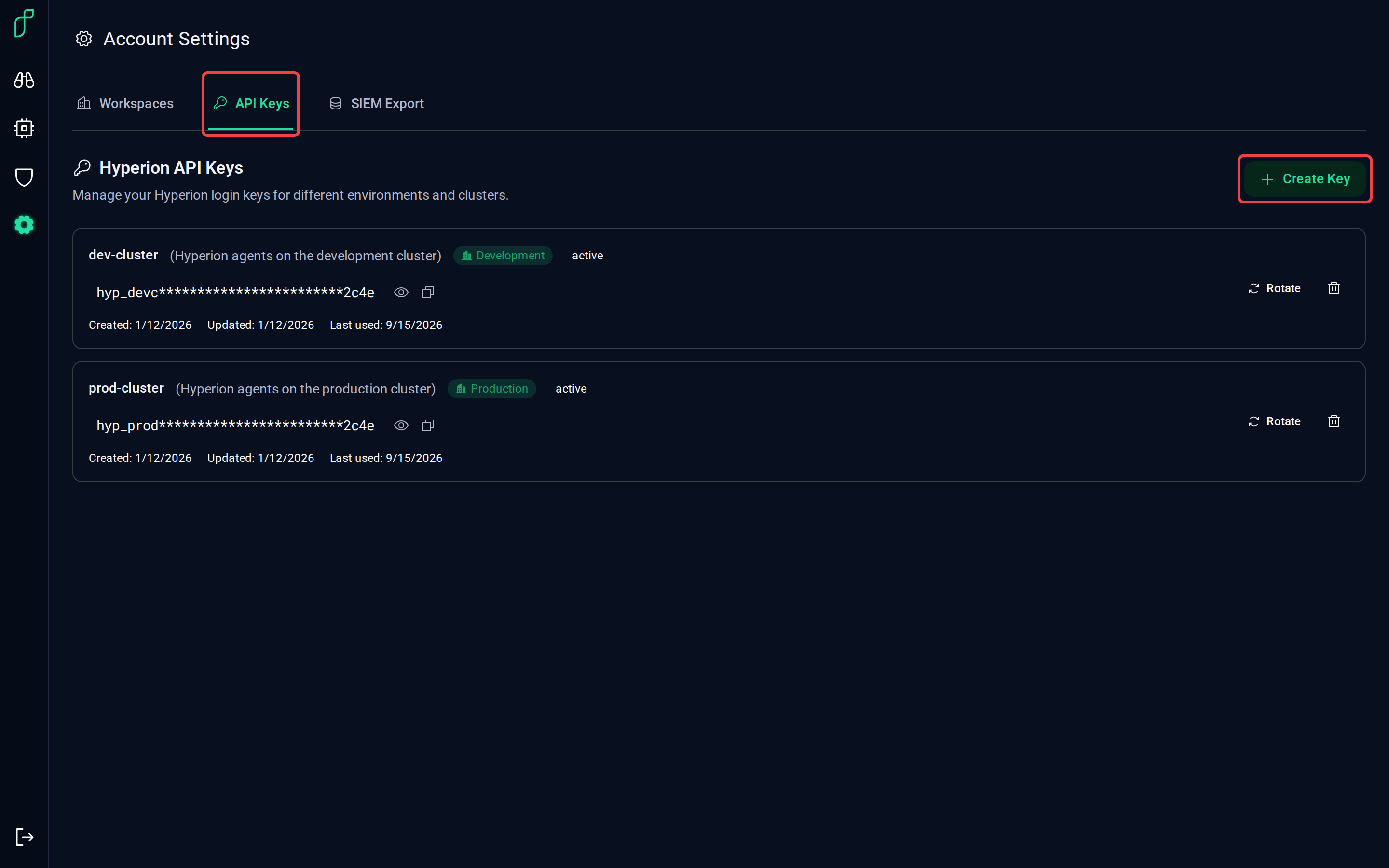 The API Keys tab with Create Key highlighted