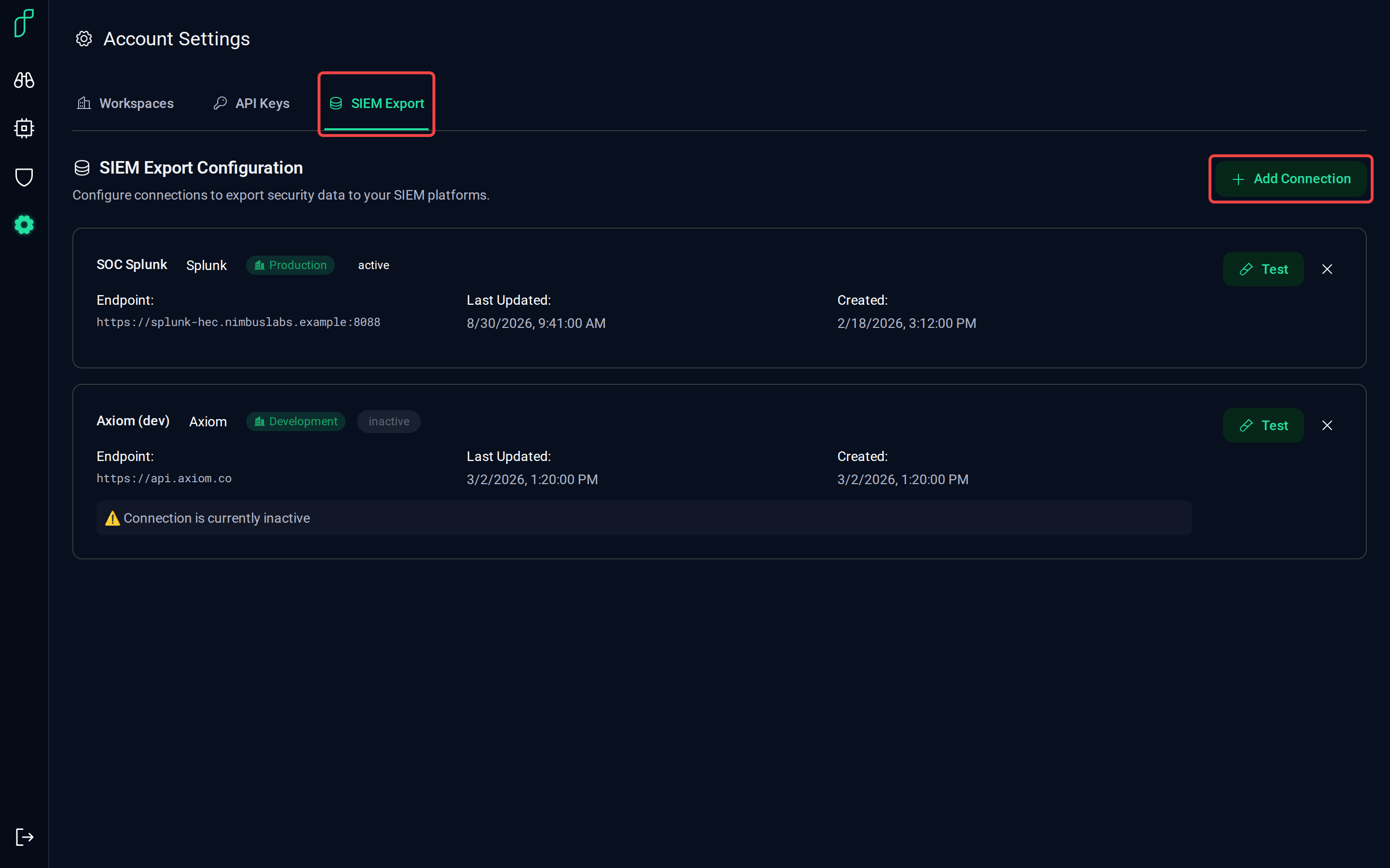The SIEM Export tab with Add Connection highlighted