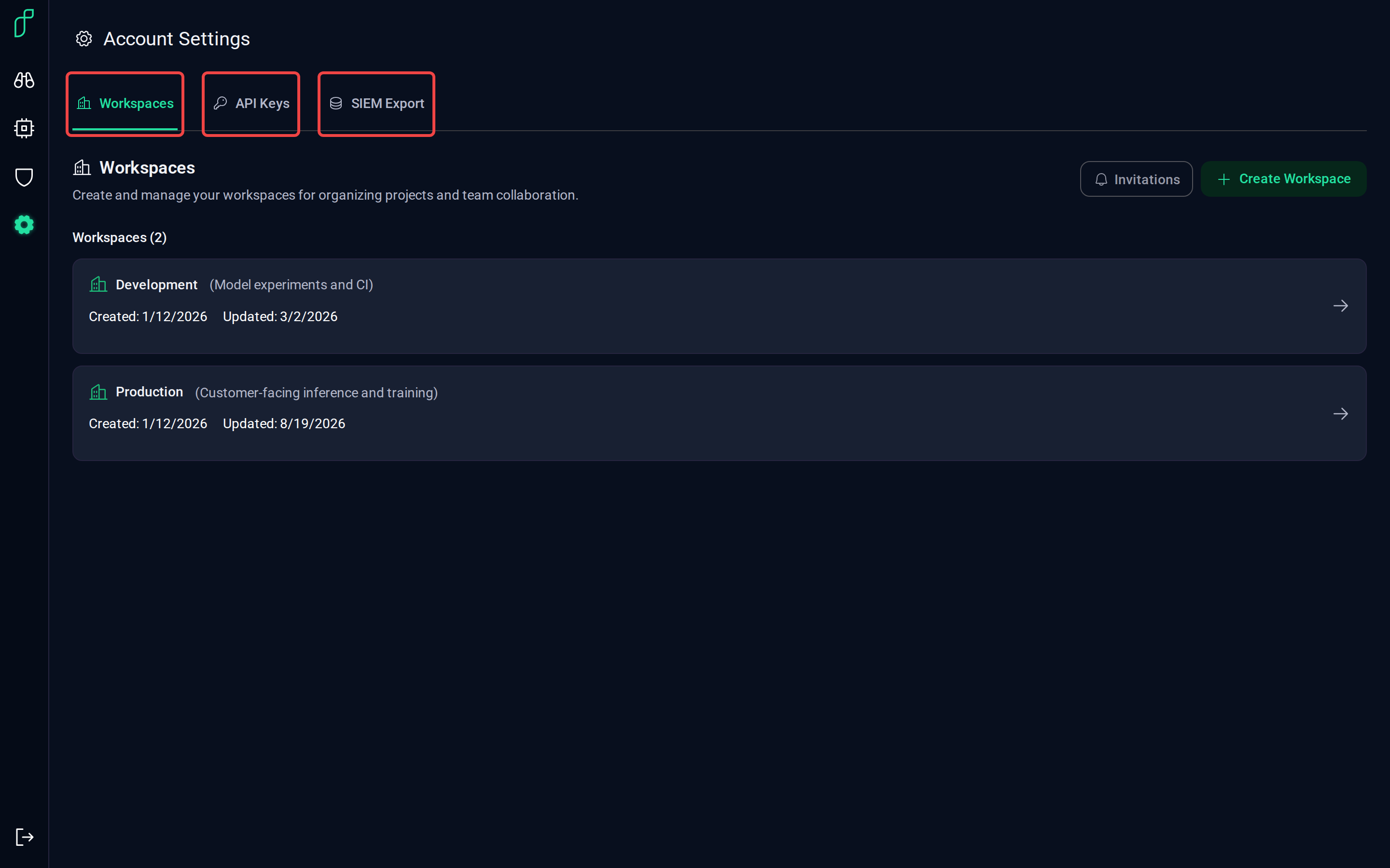 The three Account Settings tabs