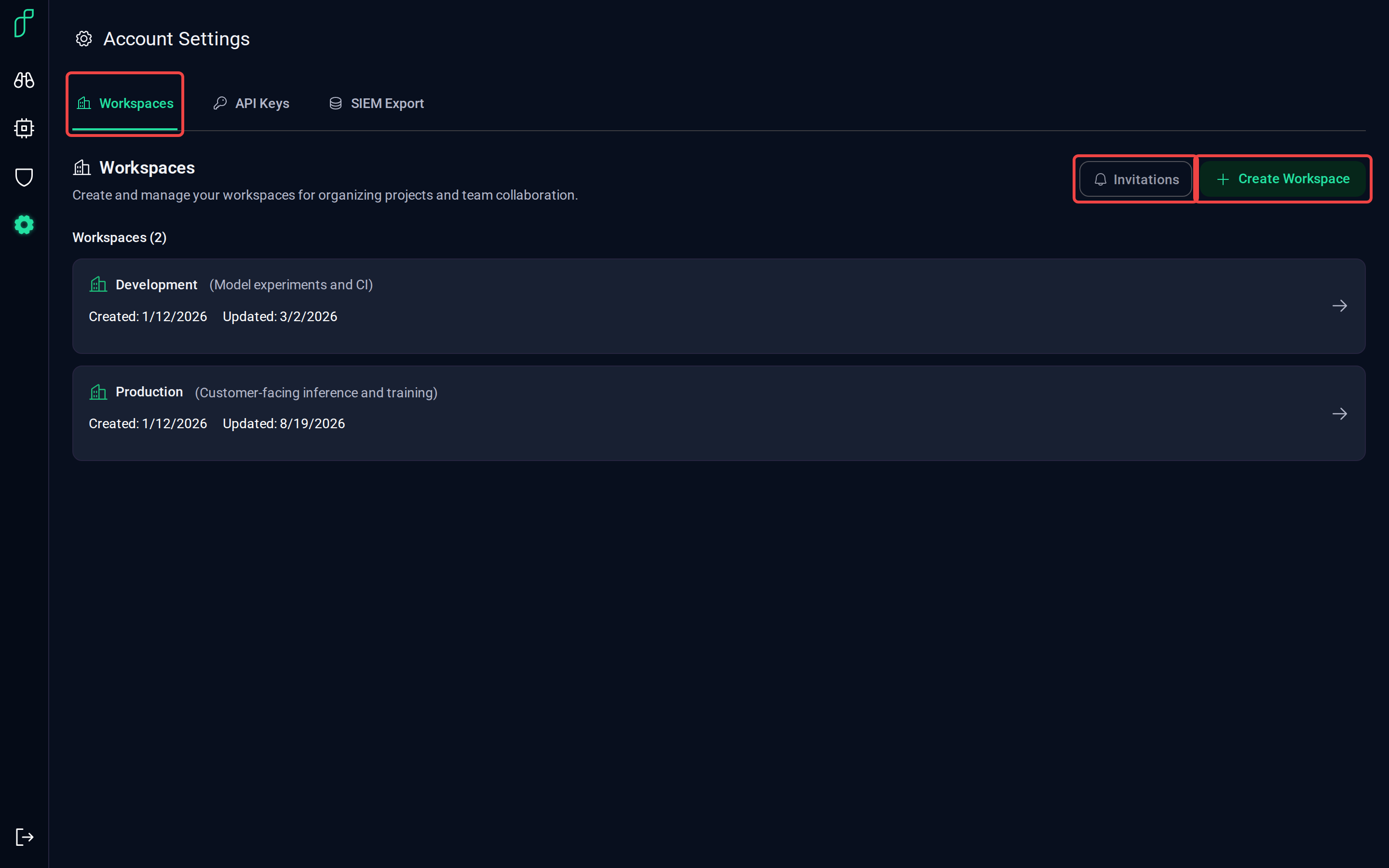 The Workspaces tab with Invitations and Create Workspace highlighted